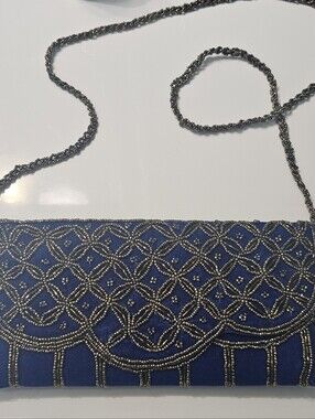 Royal Blue Velvet Beaded Clutch Bag | Gold Geometric Beadwork | Evening Formal